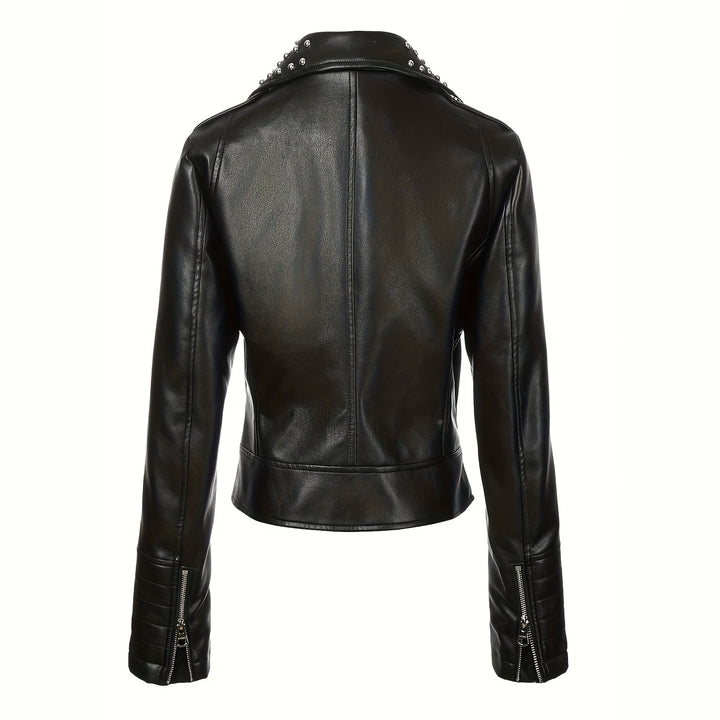 Women's Asymmetrical Biker Jacket made of Faux Leather with Studded Lapel and Quilted Arm Zone Mune Fashion