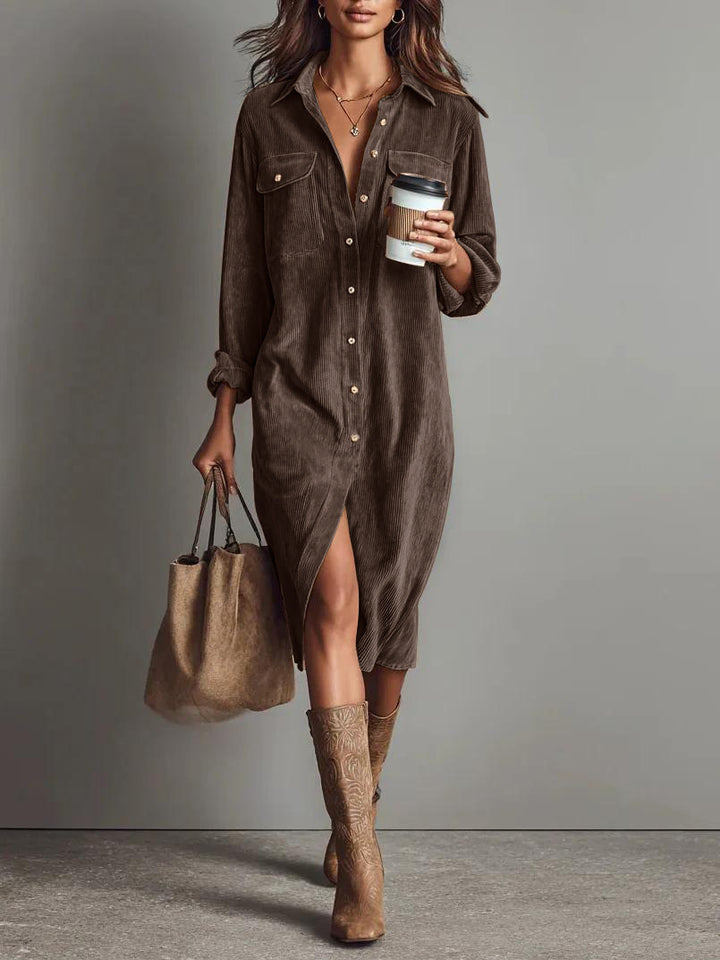 Women's shirt dress made of corduroy with breast pockets, button placket and slit Mune Fashion