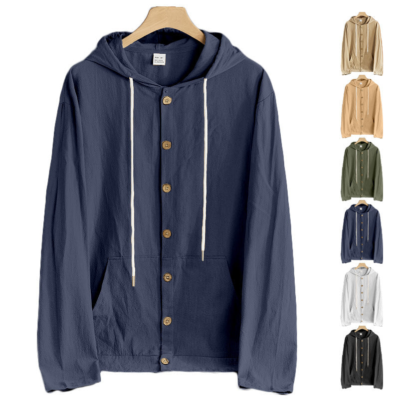 Men's lightweight hoodie jacket with button placket, kangaroo pocket, and drawstring Mune Fashion