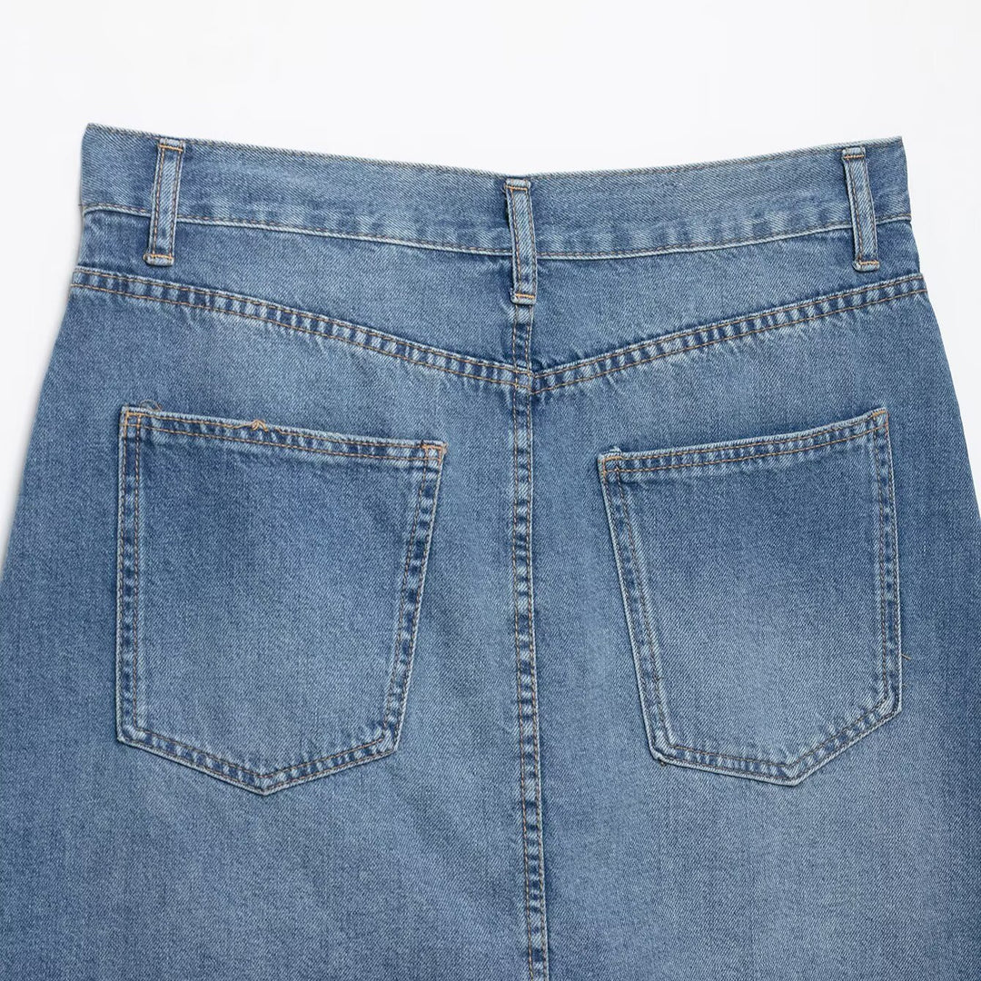 Women's Asymmetrical Denim Skirt with A-Line, Five-Pocket Details and Overlapping Ruffle Mune Fashion