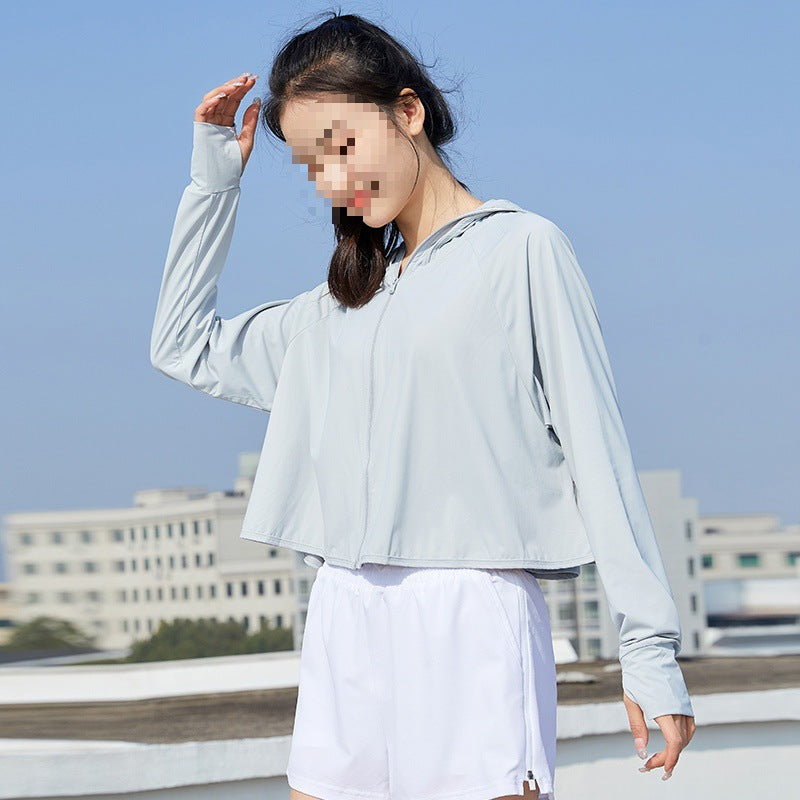 Women's Lightweight Sporty UV Protection Hoodie with Short Cropped Cut, Raglan Sleeves & Thumb Holes Mune Fashion