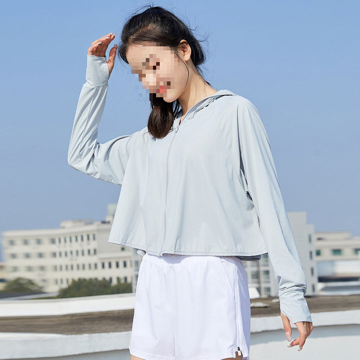 Women's Lightweight Sporty UV Protection Hoodie with Short Cropped Cut, Raglan Sleeves & Thumb Holes Mune Fashion