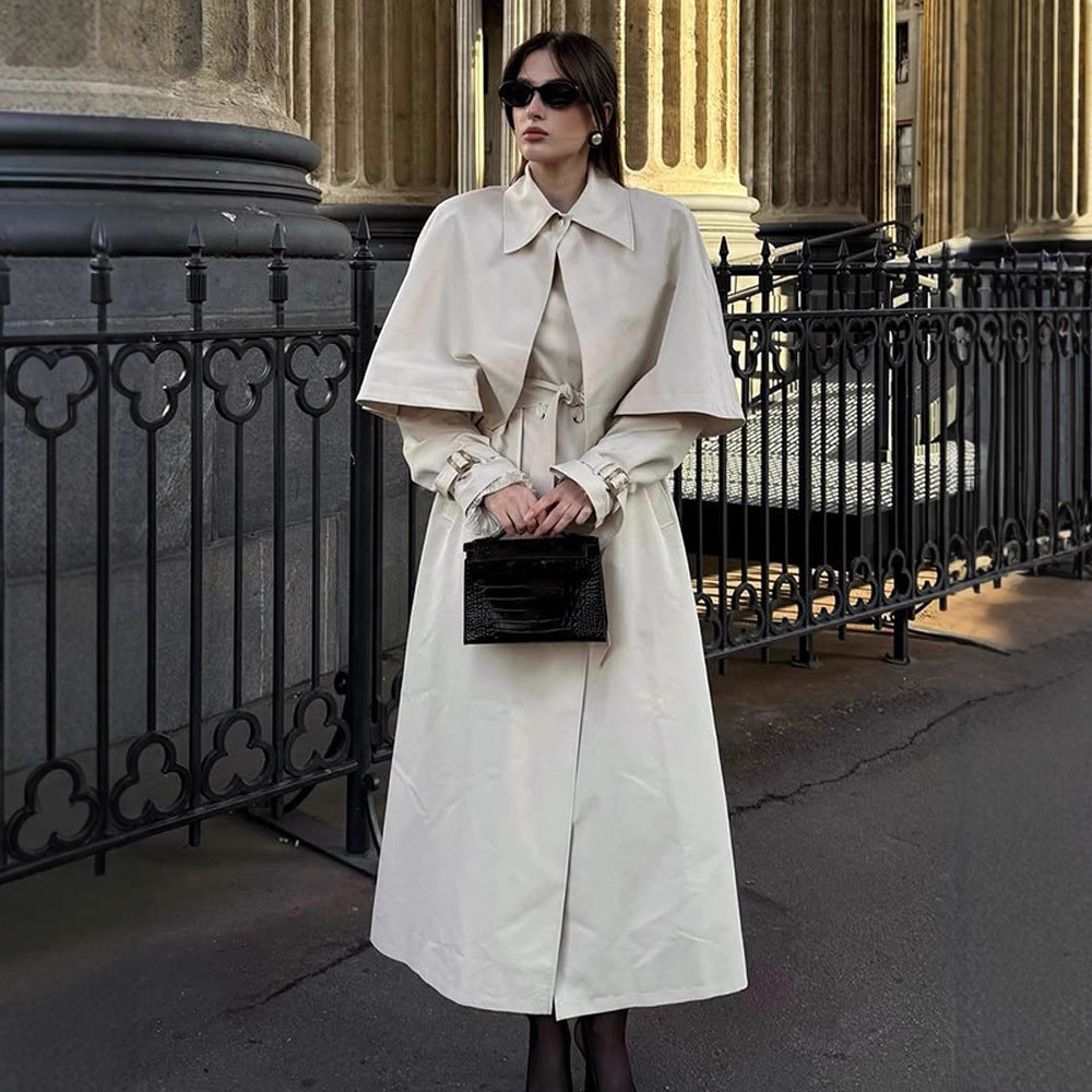 Women's Long Tailored Trench Coat with Detachable Cape and Tied Belt Mune Fashion