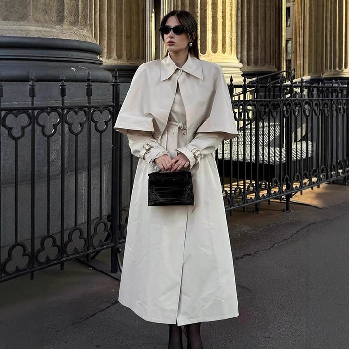 Women's Long Tailored Trench Coat with Detachable Cape and Tied Belt Mune Fashion