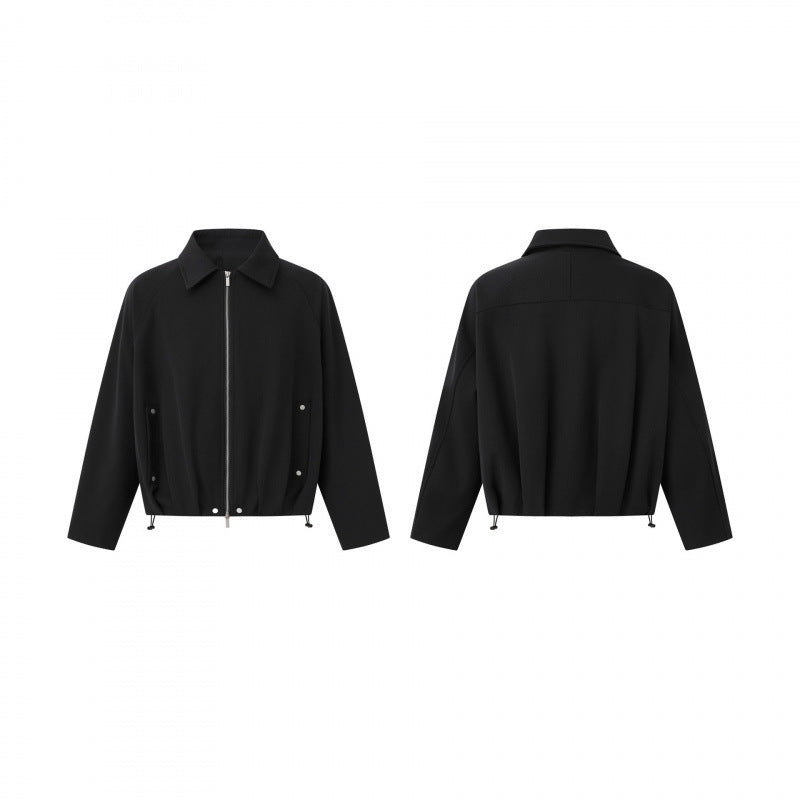 Unisex Short cut boxy zip blouson jacket with shirt collar, drawstring hem and snap button pockets Mune Fashion