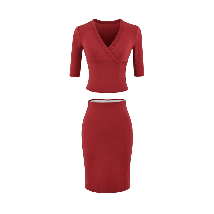 Women's two-piece figure-hugging wrap top with three-quarter sleeves and high-waisted pencil skirt Mune Fashion