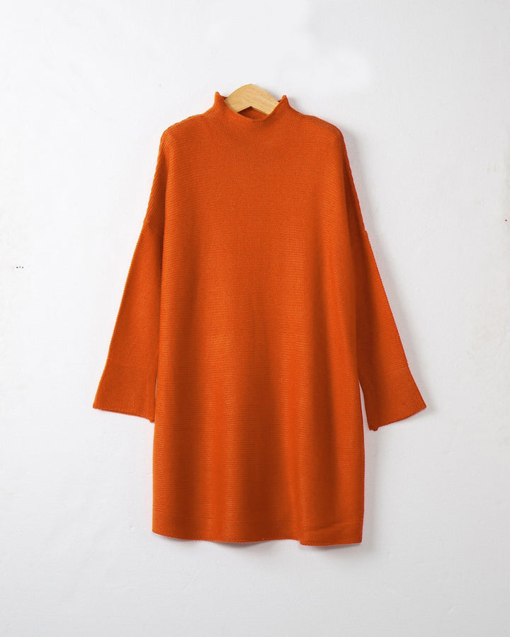 Women Oversize Knit Tunic with Short Stand-up Collar and Dropped Shoulder Mune Fashion