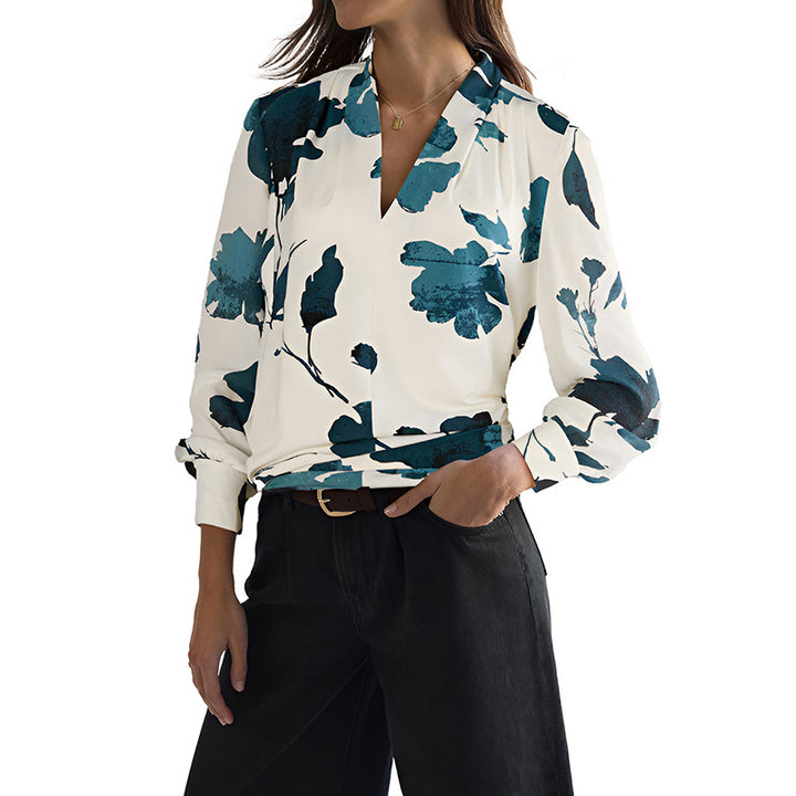 Women's viscose blouse with floral watercolor print, V-neck and cuffed sleeves