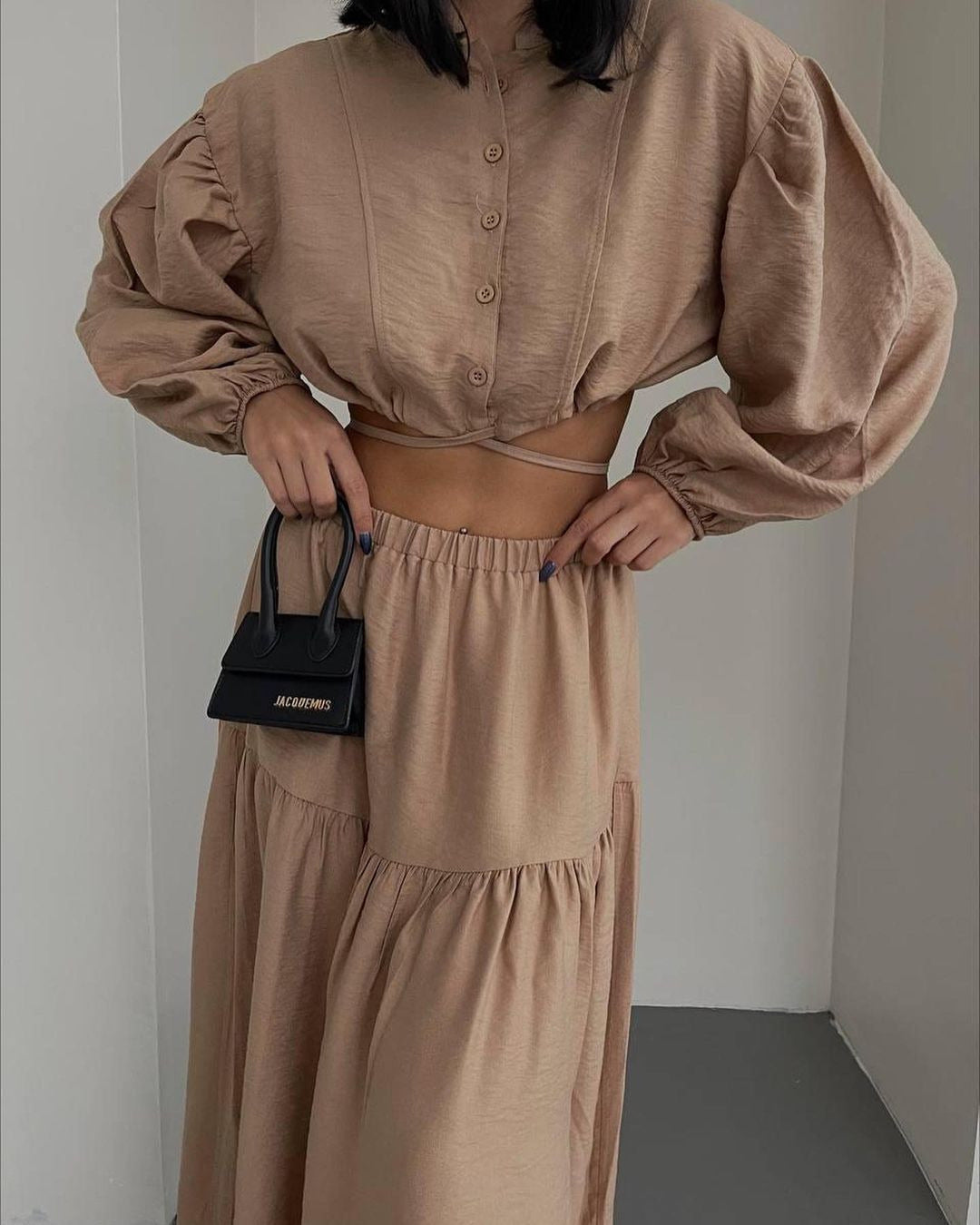 Women's two-piece boho set with cropped blouse and maxi skirt with slit Mune Fashion