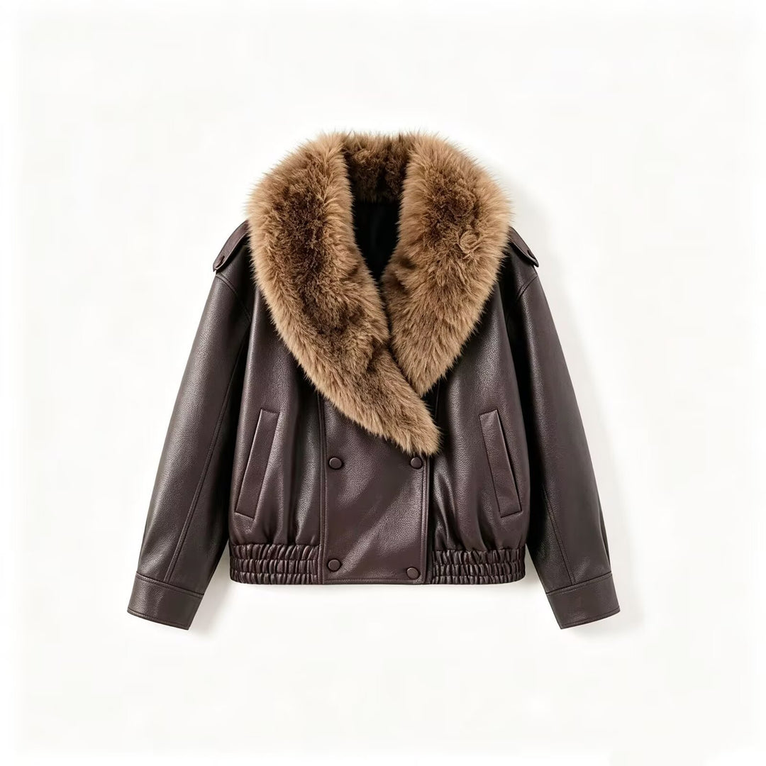 Women's short jacket made of leather look with large faux fur collar Drune