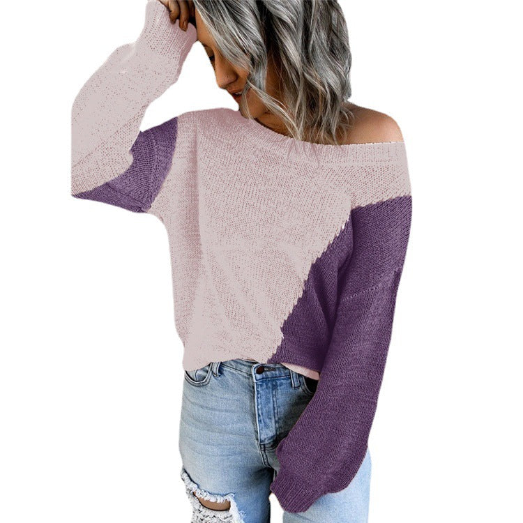 Women's Oversize Knit Sweater with Off-the-Shoulder Cut and Color Block Design Mune Fashion