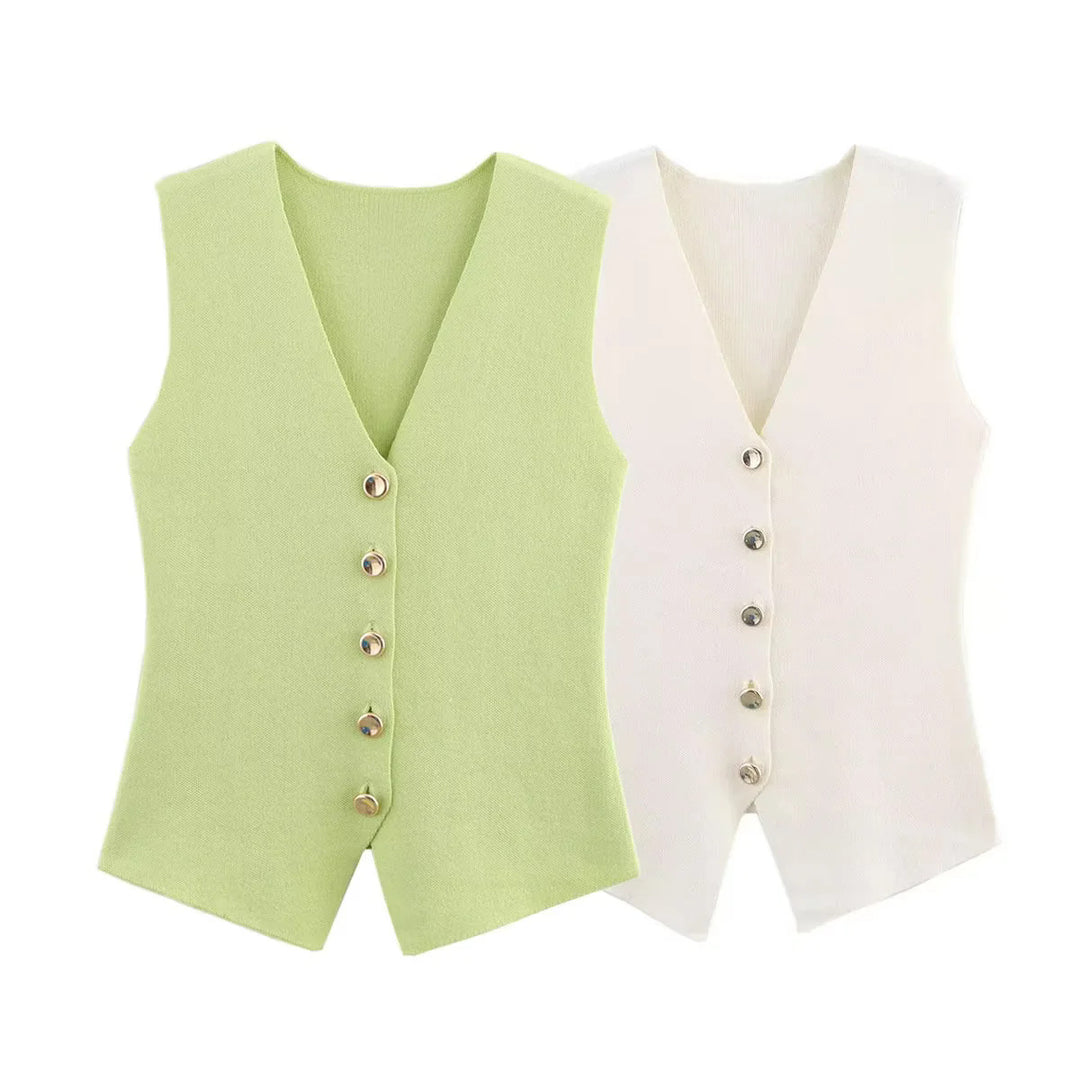 Women's fitted knitted vest with deep V-neck and decorative button placket Mune Fashion