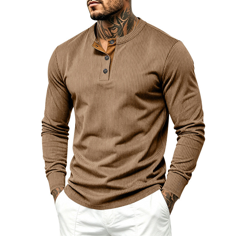 Men's Ribbed Long Sleeve Henley with Stand-Up Collar, Contrast Button Placket and Ribbed Cuffs Mune Fashion