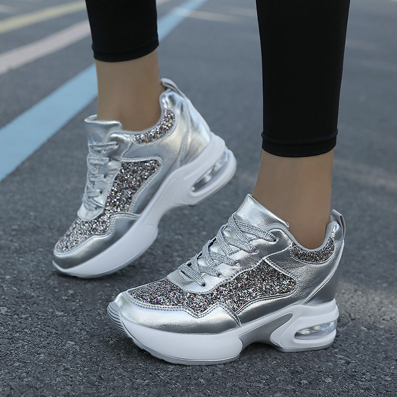 Ladies' fashionable platform sneakers with glitter accents and visible air cushioning Mune Fashion