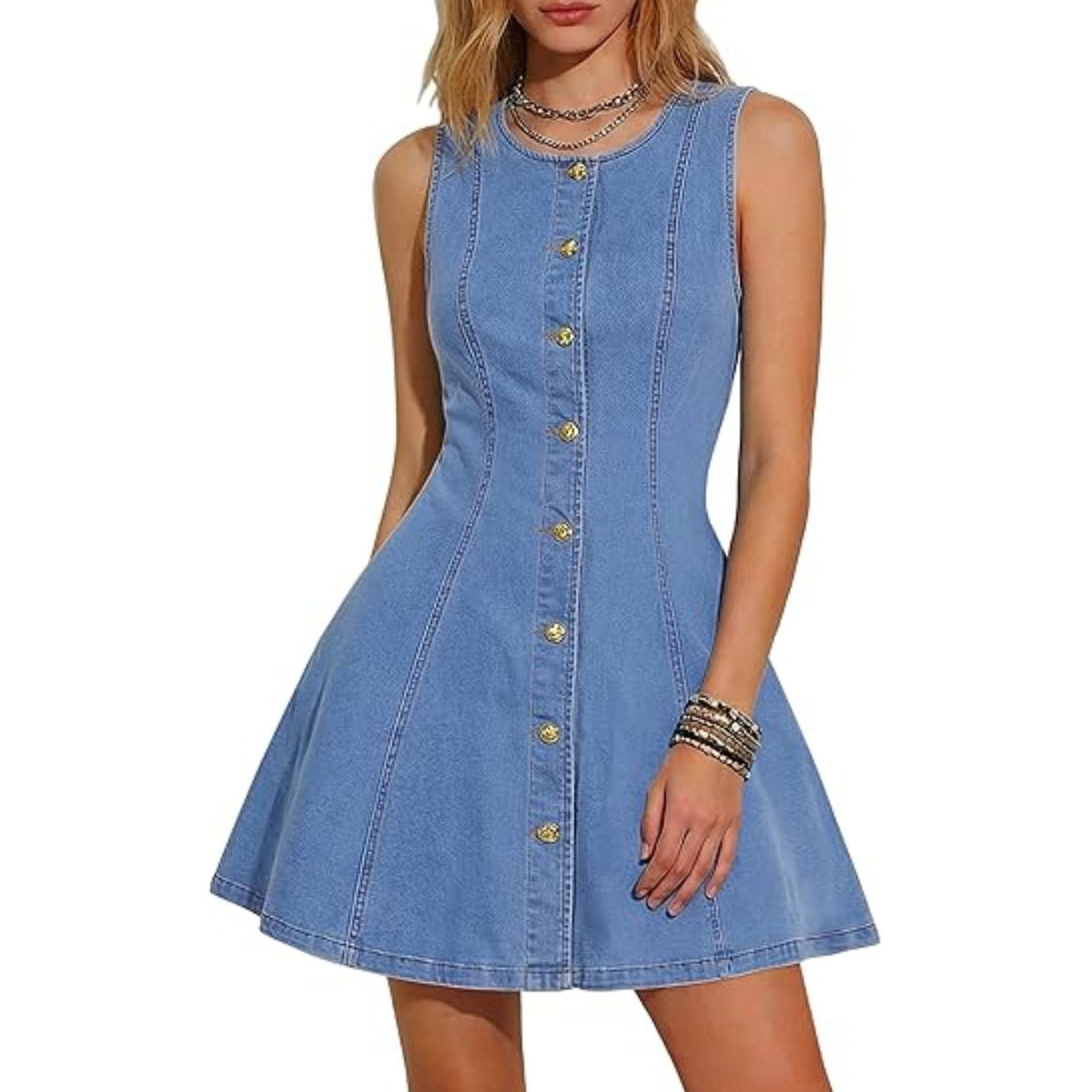 Women's Sleeveless Denim Dress with Tailored A-Line and Continuous Button Placket Mune Fashion