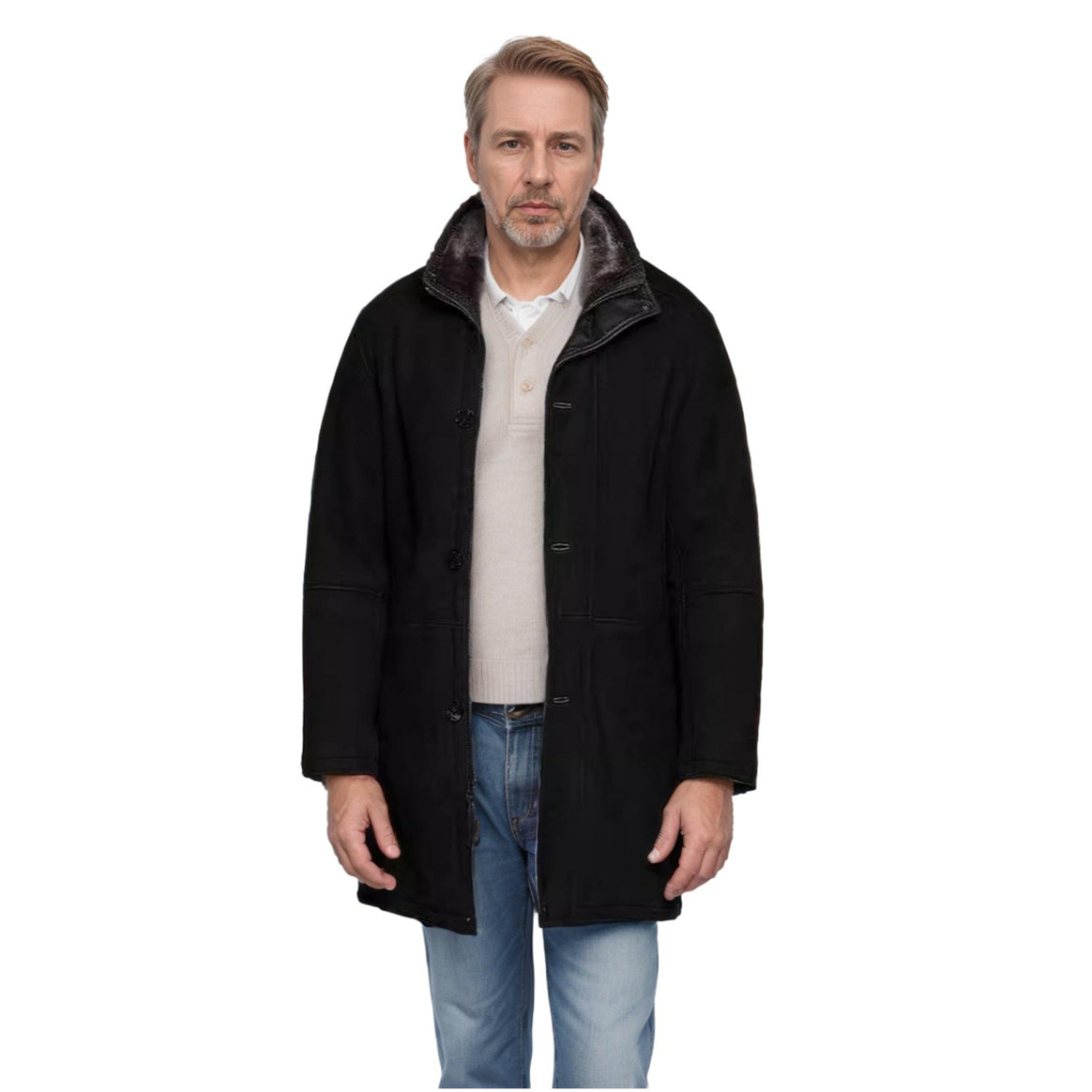 Men's Long Thermal Coat in Field Style with Faux Lambskin Inner Sides and Two-Way Zipper Mune Fashion