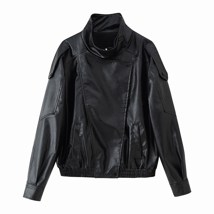Women's oversized faux leather jacket with high standing collar, asymmetric button placket, shoulder flaps, and elastic hem Mune Fashion