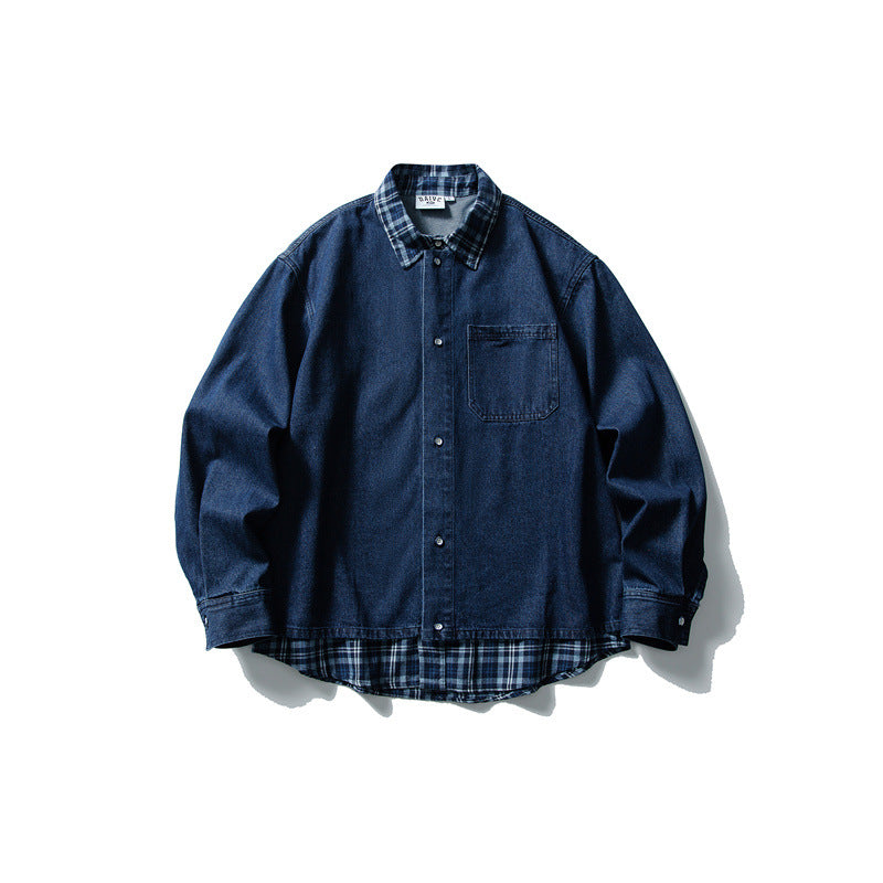 Men's Oversize Denim Jacket with Checked Lining, Casual Hem and Chest Pocket Mune Fashion