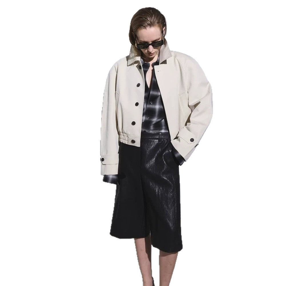 Women's Short Boxy Blouson with Elastic Hem and Distinctive Button Details Mune Fashion