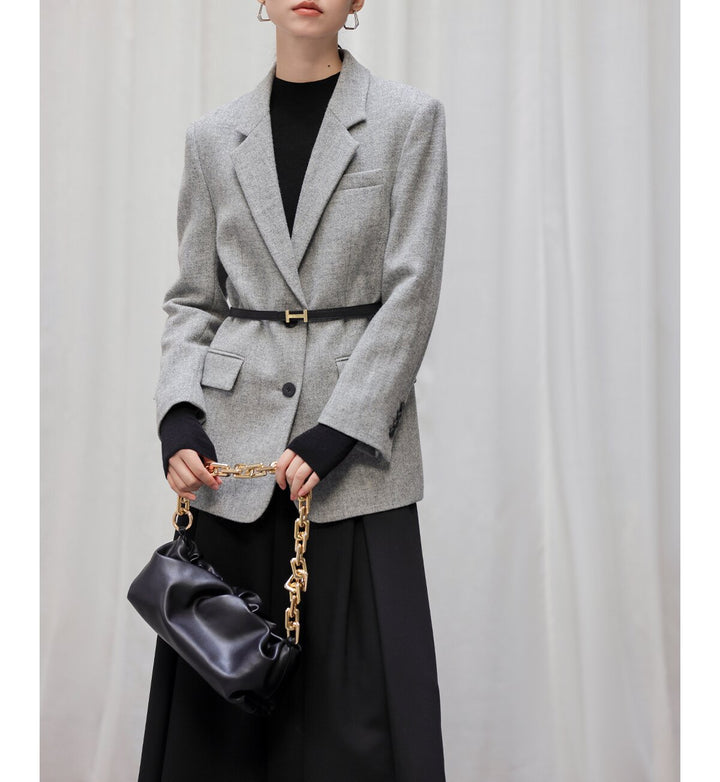 Ladies Elegant Tweed Blazer with Waist Belt Mune Fashion