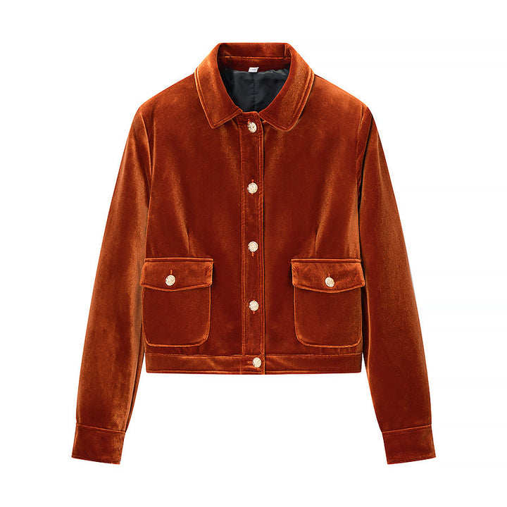 Women's short jacket in velvet look with shirt collar, applied flap pockets, and gold-colored decorative buttons Mune Fashion