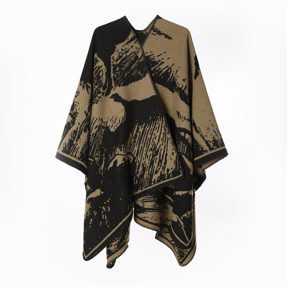 Women Oversize Reversible Knit Ruana with Graphic Jacquard and Chain Edge Mune Fashion