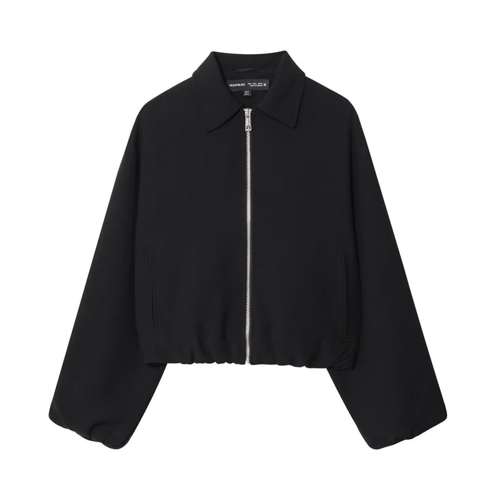 Women short jacket made of vegan leather with Kent collar, full-length zipper and gathered hem Mune Fashion