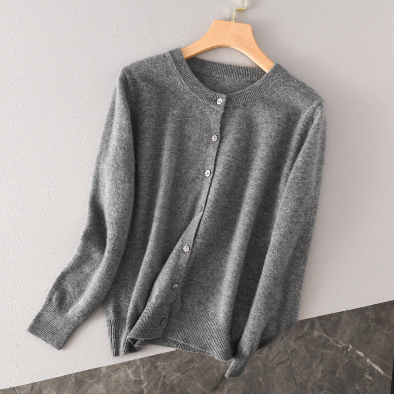 Women Lightweight Round Neck Button Cardigan in Cashmere Look with Fine Ribbed Edge and Casual Silhouette Mune Fashion