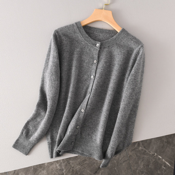Women Lightweight Round Neck Button Cardigan in Cashmere Look with Fine Ribbed Edge and Casual Silhouette Mune Fashion