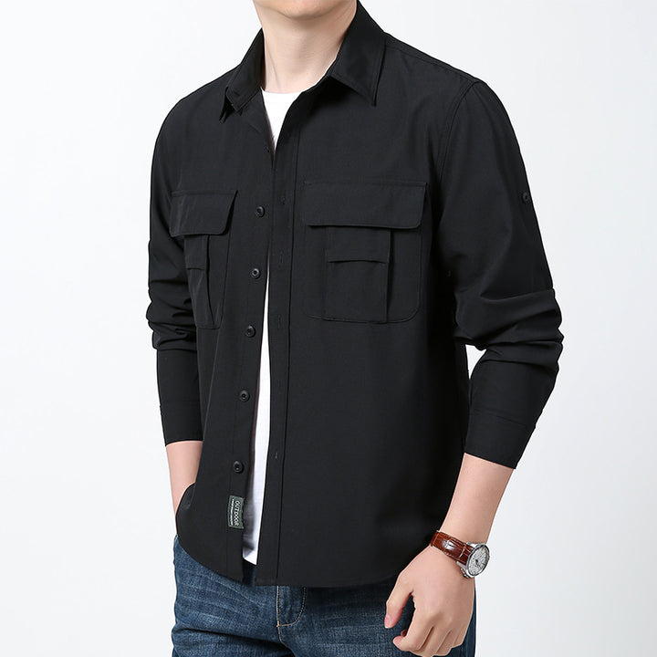 Men's lightweight field shirt with concealed button placket, two patch breast pockets and roll-up sleeves.