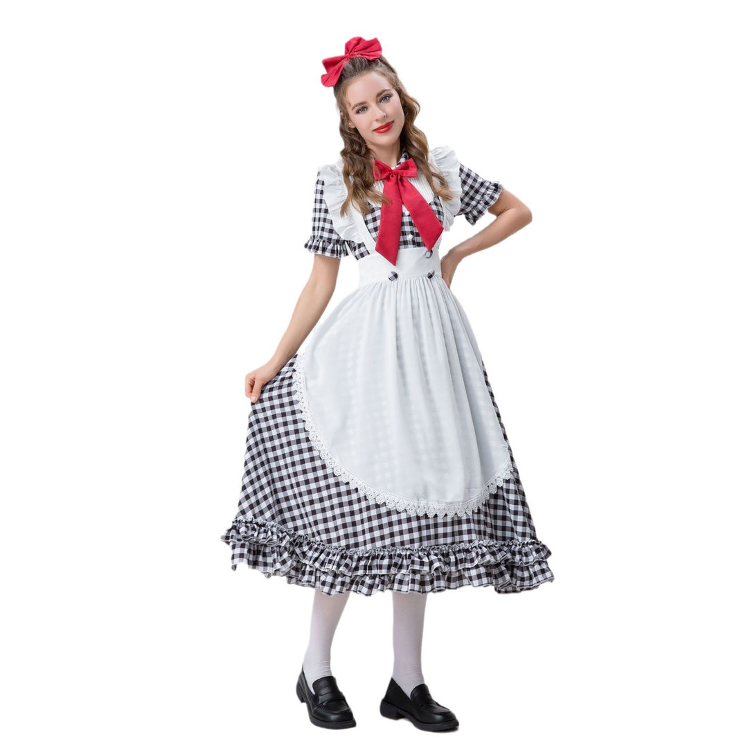 Women's vintage-inspired checked swing dress with detachable apron, ruffled sleeves, and bow collar Mune Fashion