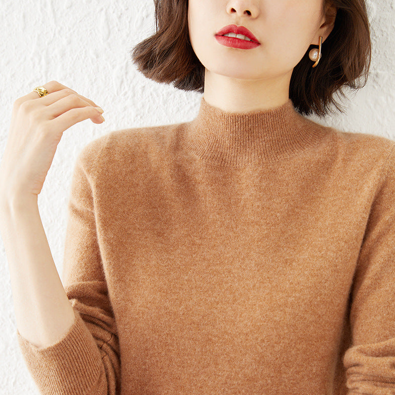 Women Luxurious Cashmere Fine Knit Sweater with Standing Collar Mune Fashion