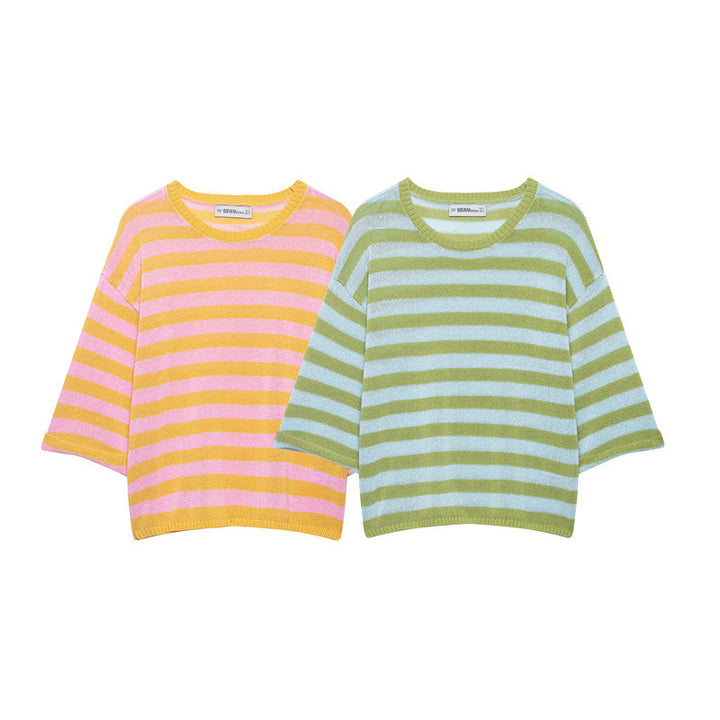 Women's Striped Oversized Knit Sweater with Wide Three-Quarter Sleeves and Round Neckline Mune Fashion