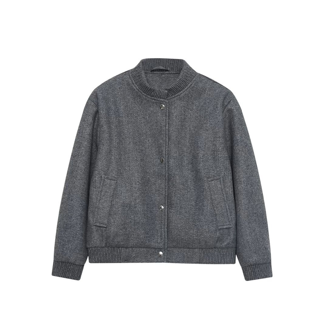 Women's Boxy Wool Blend Bomber Jacket with Ribbed Collar, Snap Buttons, and Side Pockets Drune