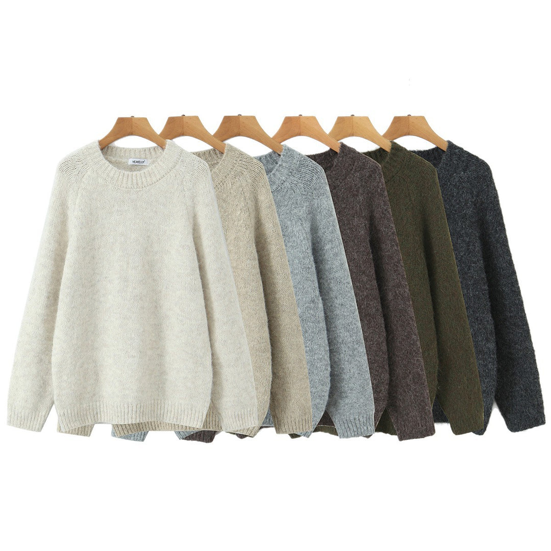 Women Oversize Mohair Look Pullover with Round Neck and Raglan Sleeves Mune Fashion