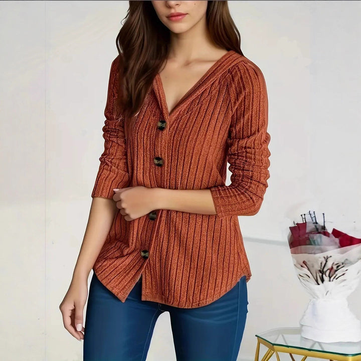 Women's concealing ribbed knit cardigan with V-neck and decorative buttons Mune Fashion