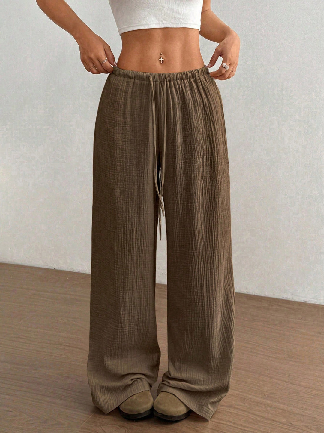 Women Lightweight Linen Look Pants with Wide Leg, Elastic Waistband and Drawstring Mune Fashion