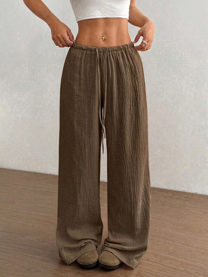 Women Lightweight Linen Look Pants with Wide Leg, Elastic Waistband and Drawstring Mune Fashion