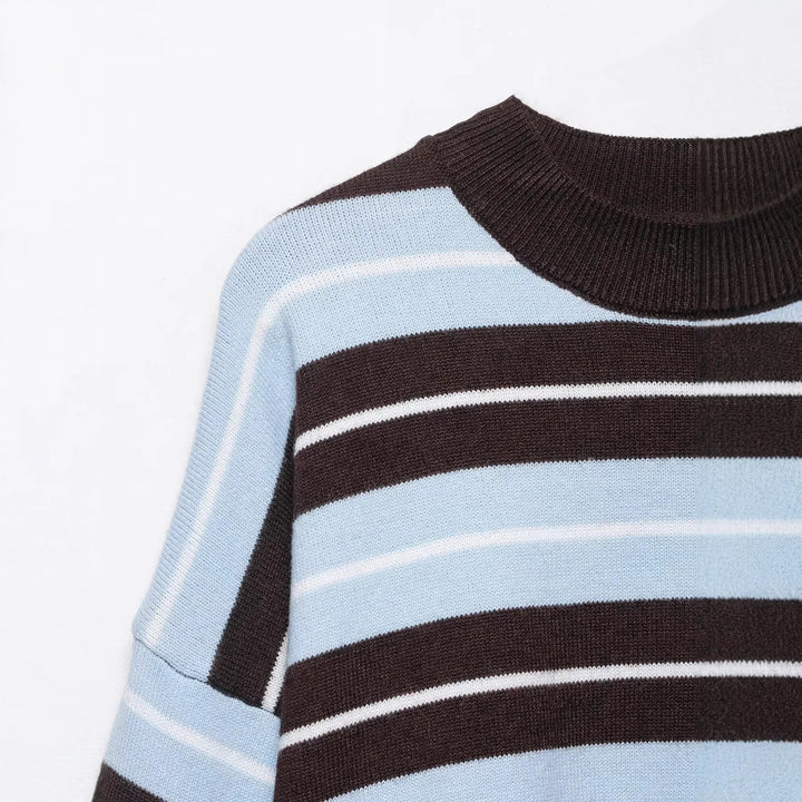 Women Oversized Stripe Sweater with Dropped Shoulders and Balloon Sleeves Mune Fashion