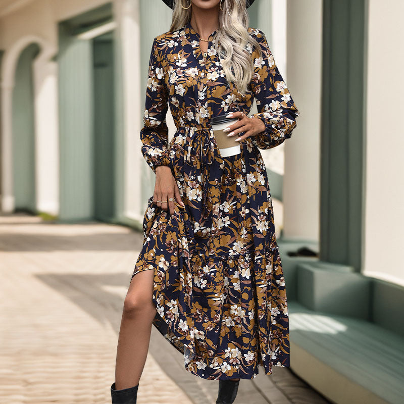Women Long-Sleeved Midi Dress with Tie Belt, Tiered Hem and Side Slit Mune Fashion