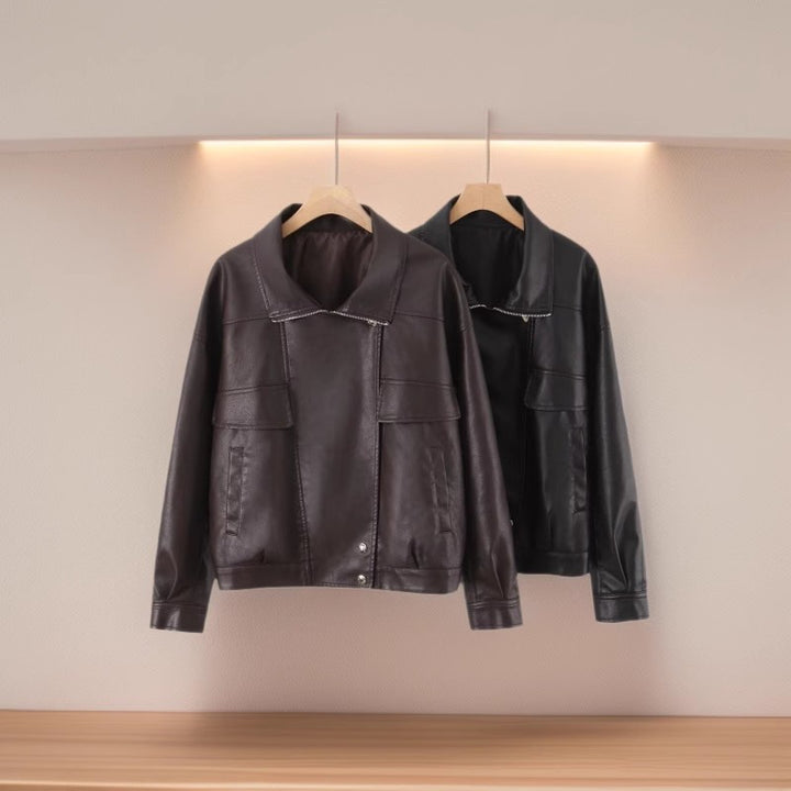Women Oversized Faux Leather Bomber Jacket with Flap Pockets and Asymmetrical Zipper Mune Fashion