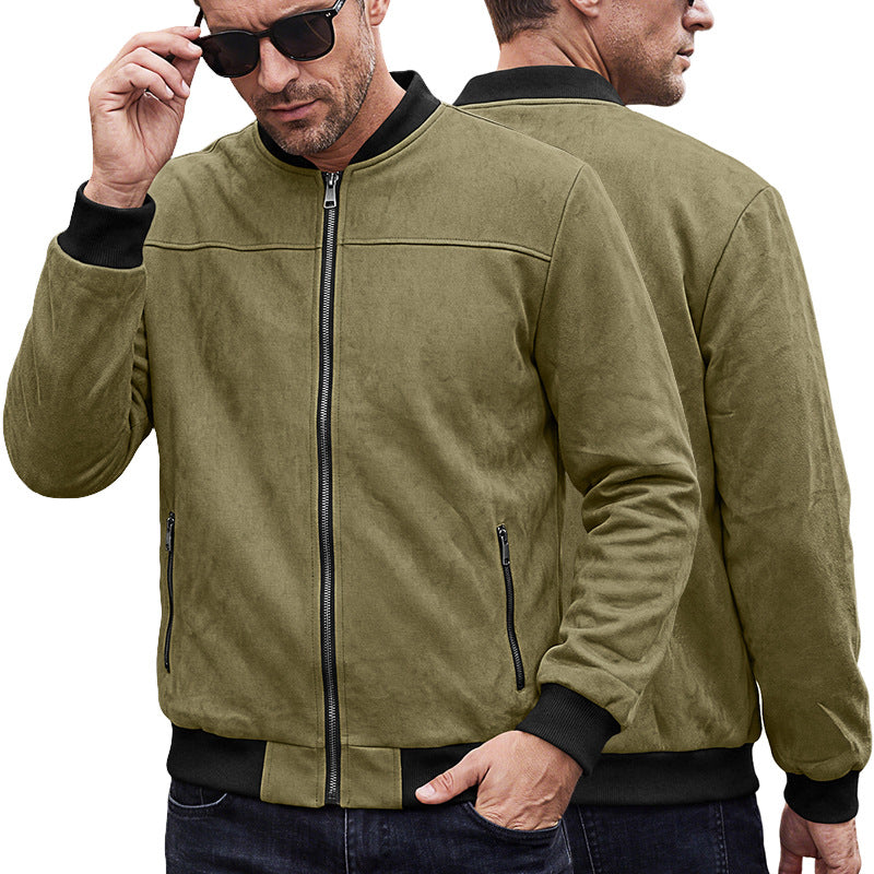 Men's Suede Look Bomber Jacket with Ribbed Cuffs and Zipper Pockets Mune Fashion