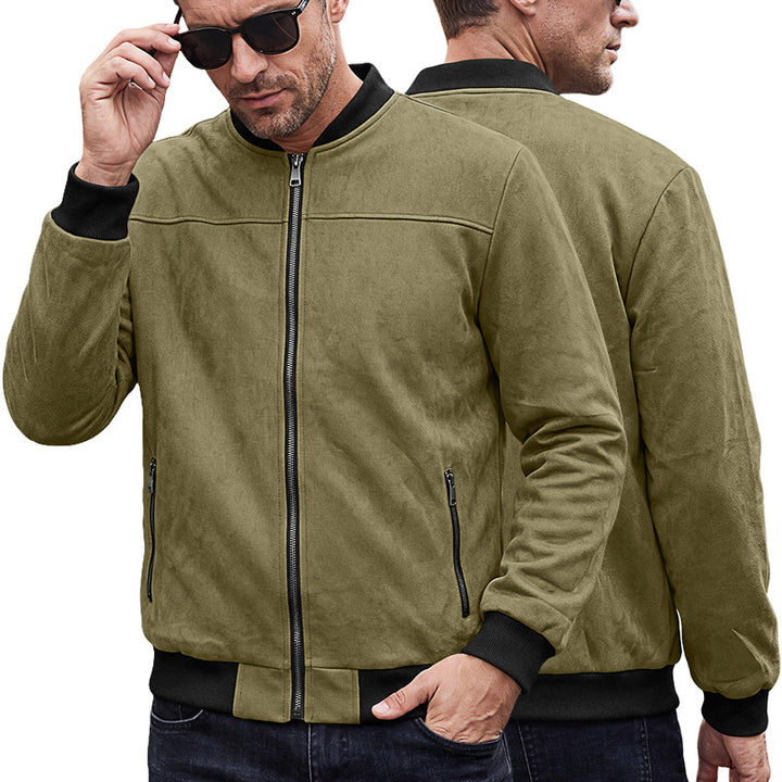 Men's Suede Look Bomber Jacket with Ribbed Cuffs and Zipper Pockets Mune Fashion