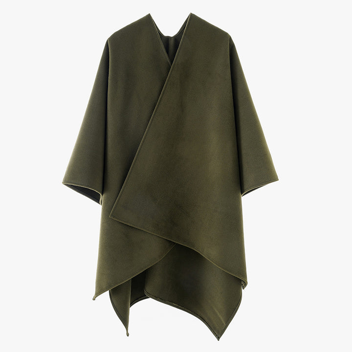 Women Minimalist Wrap Cape made of Wool Blend with V-Neck and Asymmetrical Hem Mune Fashion