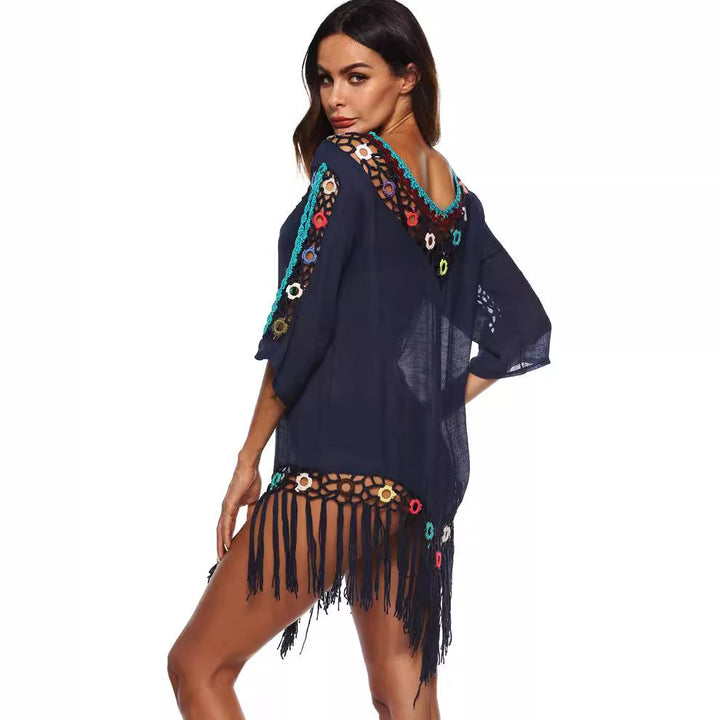 Women's casual beach cover-up with fringed hem and colorful crochet accents Mune Fashion