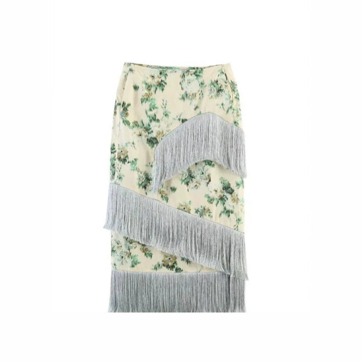 Ladies Floral Printed Midi Skirt with Diagonal Fringe Trim and Slim Silhouette Mune Fashion
