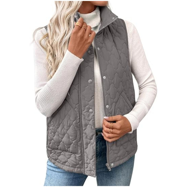 Women's quilted stand collar vest with zipper and snap buttons Mune Fashion