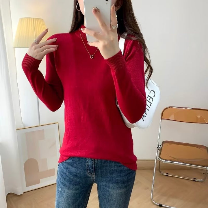 Ladies Fine Long Sleeve Fine Knit Sweater with Narrow Stand-Up Collar and Ribbed Cuffs Mune Fashion