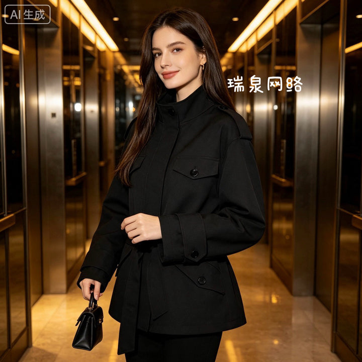 Women's Short Utility Jacket with Waist Belt and Shoulder Flaps Mune Fashion