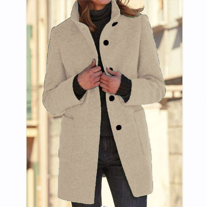 Women's Mid-Length Wool Blend Coat with Stand Collar and Patch Pockets Mune Fashion